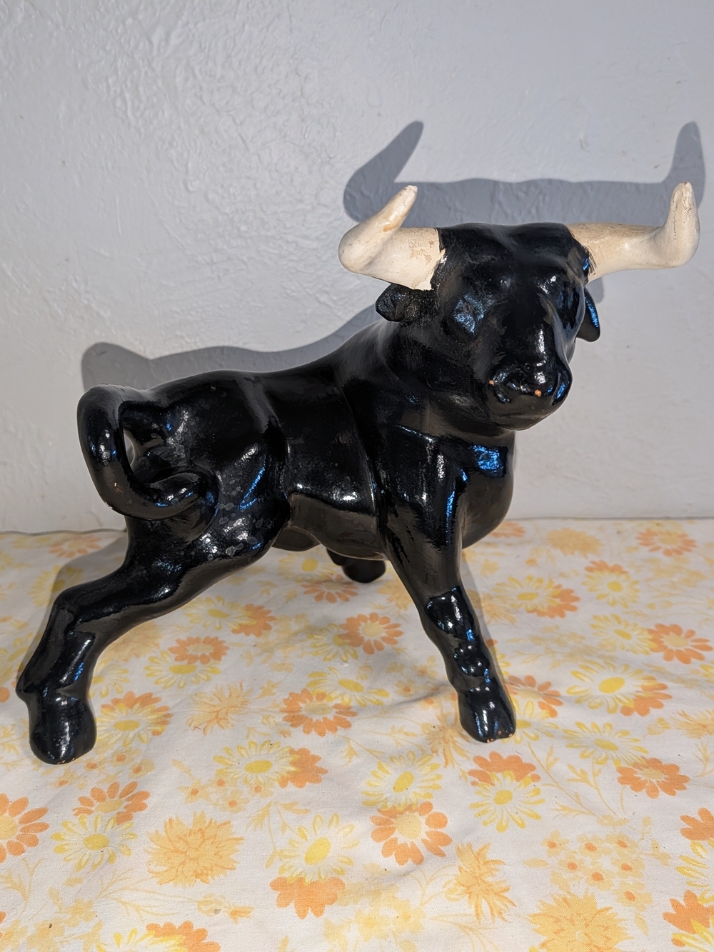 Black Ceramic Bull Figurine with Cream Horns - Home Art Decor